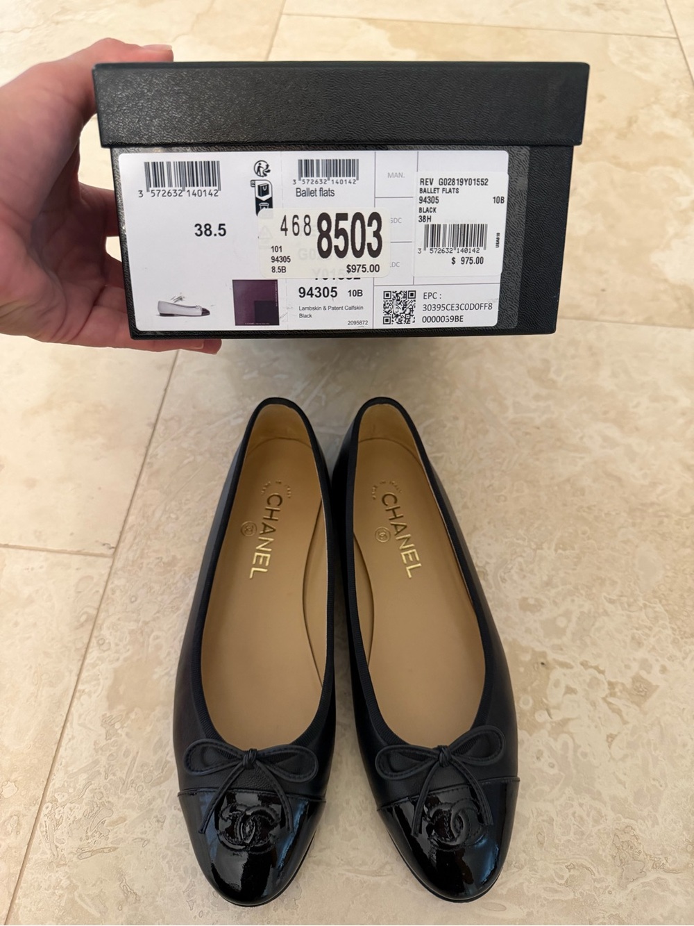 CHANEL Black Patent Cap-Toe Bow Ballet Flats